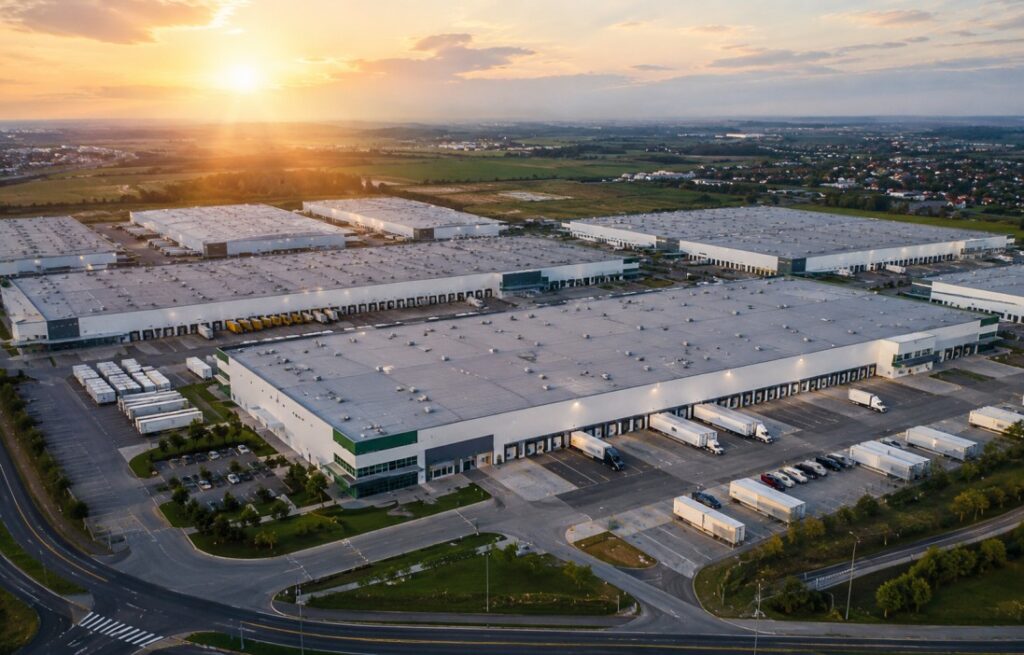 Warehousing strategy for Canadian businesses showing shipping containers, cargo vessels, and logistics operations at a Canadian port.